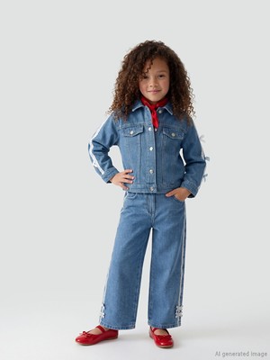 Indigo Regular Fit Yanları Şeritli Kız Çocuk Jean Pantolon