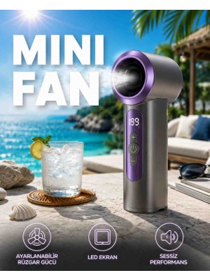 Upeka 3 Kademeli Turbo Cep Boy Mini Fan 12CM 96GR Ip Askılı Type-C Şarjlı Soğutucu El Fanı