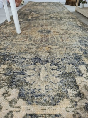 Pera Halı Eskitme Madalyon Desenli Hardal ve Lacivert Vintage Salon Halısı - 4113OU