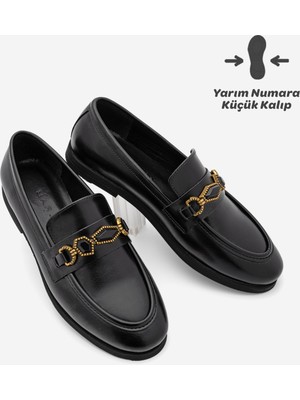 Marjin Kadın Loafer Makosen Tokalı Taşlı Klasik Günlük Ayakkabı Savira Siyah
