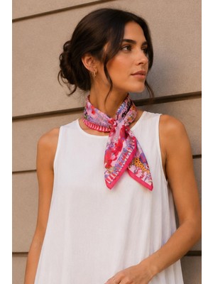 Afvente Tropik Leopar Desen Fuşya-Kırmızı Soft Bandana Fular 50X50 cm