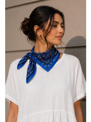 Afvente Çift Renk Desen Saks Mavisi Soft Bandana Fular 50X50 cm