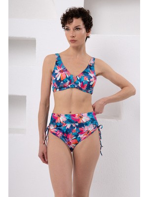 Lapieno Lapıeno Kadın Mavi Çiçek Desenli Çıkarılabilir Kaplı Telli Toparlayıcı Bikini Takımı