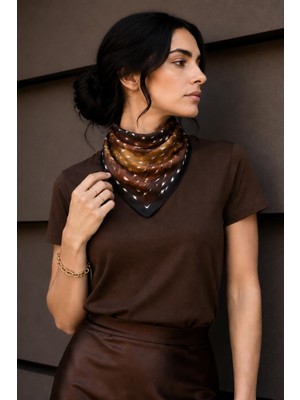 Afvente Ceylan Desen Kahve-Taba Soft Bandana Fular 50X50 cm