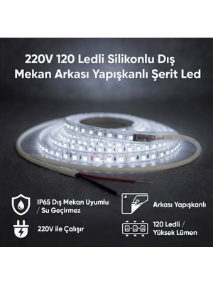 AC Aydınlatma 220V 120 LED Dış Mekan Şerit LED Beyaz Işık Arkası Yapışkanlı Suya Dayanıklı Dekoratif Aydınlatma