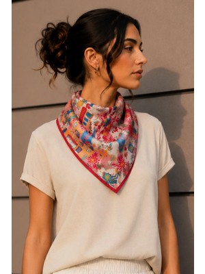 Afvente Masal Desen Kırmızı-Pudra Soft Bandana Fular 50X50 cm