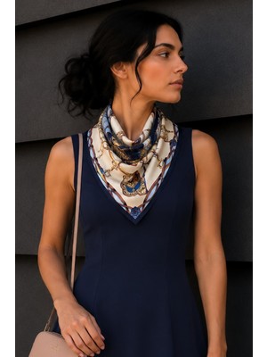 Afvente Binici Desen Lacivert-Krem Soft Bandana Fular 50X50 cm