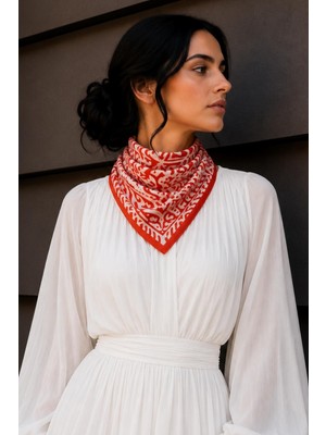 Afvente Etnik Okyanus Desen Turuncu-Krem Soft Bandana Fular 50X50 cm
