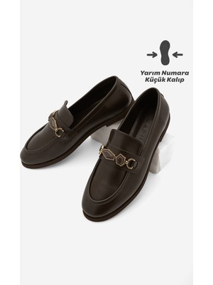 Marjin Kadın Loafer Makosen Tokalı Taşlı Klasik Günlük Ayakkabı Savira Kahve