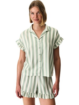 Penti Açık Yeşil Sage Çizgili Gömlek Şortlu Pijama Takımı