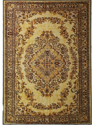 Pera Halı Eskitme Madalyon Desenli Hardal Sarısı ve Siyah Vintage Halı - 14935OU