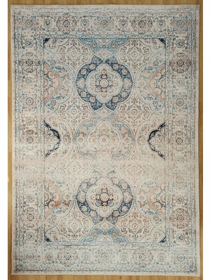 Pera Halı Eskitme Madalyon Desenli Krem ve Mavi Vintage Salon Halısı - 11643OU