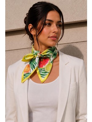 Afvente Tropikal Meyve Desen Sarı-Yeşil Soft Bandana Fular 50X50 cm