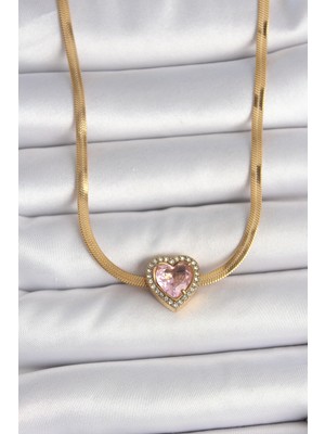 Novis Liora 316L Çelik Gold Renk Italyan Zincir Pembe Zirkon Taşlı Kalp Model Kadın Kolye
