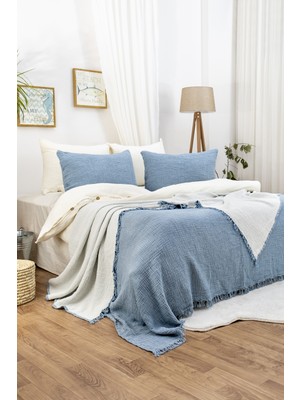 HB&Victory %100 Pamuk 4 Katlı Müslin Yatak Örtüsü Deniz Mavisi Renk Tek Kişilik 160X230 Cm. 1 Adet Yastık Kılıfı 50X70