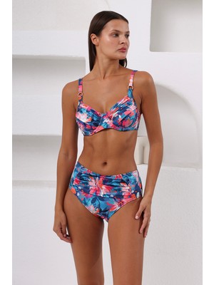 Lapieno Lapıeno Kadın Mavi Çiçek Desenli Yüksek Bel Kapsız Telli Toparlayıcı Bikini Takımı