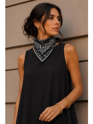Afvente Paisley Desen Siyah-Gümüş Soft Bandana Fular 50X50 cm