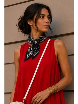 Afvente Damla Desen Siyah-Beyaz Soft Bandana Fular 50X50 cm