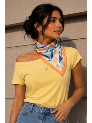 Afvente Renkli Yaprak Desen Somon-Mint Soft Bandana Fular 50X50 cm