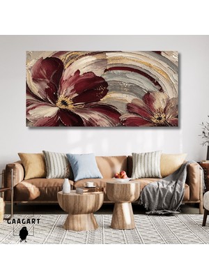 Gaagart Panoramik Kanvas Tablo Dijital Baskı Bordo Çiçek ve Fırça Darbeleri