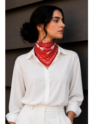 Afvente Çini Desen Turuncu-Beyaz Soft Bandana Fular 50X50 cm
