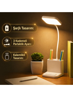 CoverZone Şarjlı Kalemlikli Masa Lambası, Telefon Stant Özellikli, LED Işıklı, 3 Kademeli Ayarlanabilir Parlaklık, Type-C Şarj, Ofis Çalışmaları Için Uygun, Okuma ve Gece Kullanımı Için Ideal | 2209-B