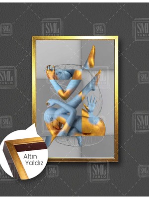 SML Tablo Dizlerine Kapanmış Altın Mavi Kadın Modern Sanat Dikey Çerçeveli Kanvas Tablo