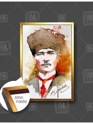 SML Tablo Gazi Mustafa Kemal Atatürk Sulu Boya Dikey Çerçeveli Kanvas Tablo