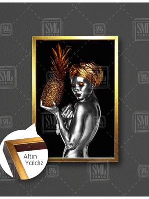 SML Tablo Elinde Ananas Tutan Gold Makyajlı Pırıltılı Dudaklı Gümüş Kadın Dekoratif Dikey Çerçeveli Kanvas Tablo