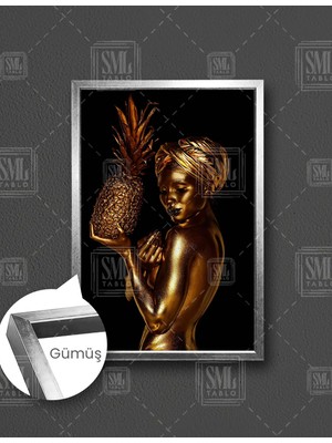 SML Tablo Elinde Ananas Tutan Gold Makyajlı Pırıltılı Dudaklı Kadın Dekoratif Dikey Çerçeveli Kanvas Tablo