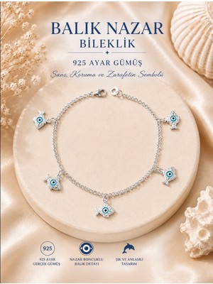 Miraç Gümüş Takı Atölyem 925 Ayar Gümüş Balık Figürlü Nazar Boncuk Detaylı Özel El Işçilikli Bileklik