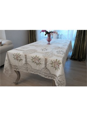 Sipariş Box Keten Tığ ve Kurdela El Işi  Nakışlı 170X225 cm  Masa Örtüsü