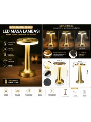 Newstore Home Dokunmatik Şarjlı LED Masa Lambası Gold – 3 Renk Modlu Kablosuz Dekoratif Gece Lambası