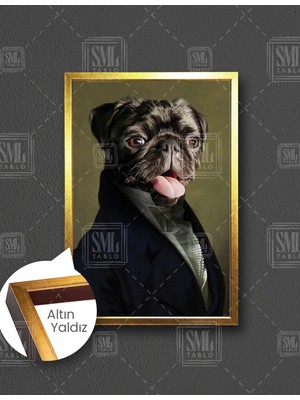 SML Tablo Takım Elbiseli Şirin Pug Rıfkı Dikey Çerçeveli Kanvas Tablo