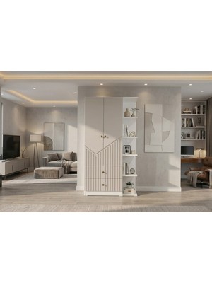 By Cino BYCİNO Leyla 2 Kapaklı 2 Çekmeceli Modern Tasarım Mdf Membran Kapak Lambiri Bej Gardırop