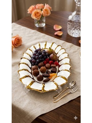 sembol  Lüks Dalgalı Tasarım Porselen Sunum Tabağı 30X20 cm Oval Sunumluk Beyaz-Gold