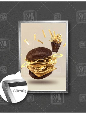 SML Tablo Ahşap Ekmek Gold Rengi Iç Malzemeli Hamburger Fast Food Dikey Çerçeveli Kanvas Tablo