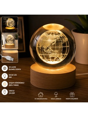 Dünya Tasarımlı Kristal Küre Gece Lambası – Ahşap Tabanlı Dekoratif LED Lamba