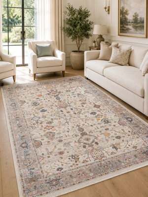 Eko Halı Pietra Pta 01 Cream Grey Sıcak Renk Tonlarını Etnik Desenlerle Buluşturan Yumuşak Tuşeli Salon Halısı Oturma Odası Halısı Mutfak Halısı Modern Makine Halısı