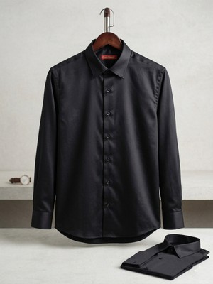 Secret Touch Erkek Slim Fit Dar Kesim Pamuk Saten Gömlek - Siyah / Lacivert