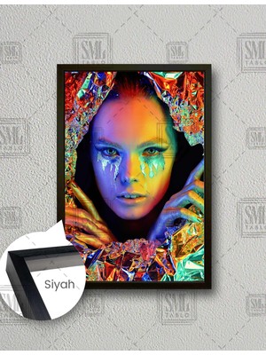 SML Tablo Renkli Neon Renklerin Içinden Çıkan Kadın Dikey Çerçeveli Kanvas Tablo