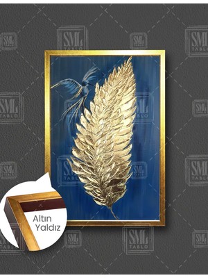 SML Tablo Gold Yaprak ve Mavi Kuş Dikey Çerçeveli Kanvas Tablo