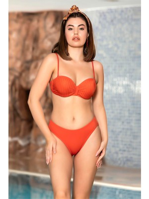 Obje Kadın Nar Çiçeği Taşlı Straplez Kaplı Bikini Takımı