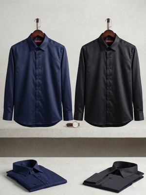 Secret Touch Erkek Slim Fit Pamuk Saten Gömlek 2'li Avantaj Paketi - Siyah + Lacivert