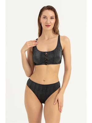 Obje Kadın Siyah Önü Düğme Detay Simli Bikini Takım