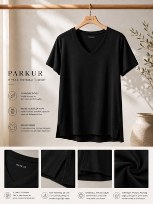 Parkur V Yaka Yırtmaç Detaylı Modal T-Shirt – Siyah