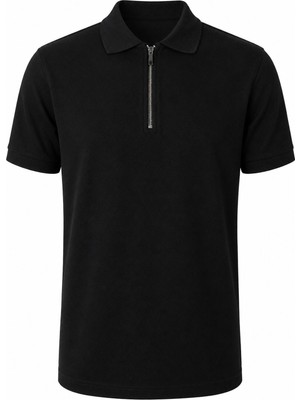 Trender Likralı Petek Yakalı Yarım Fermuarlı Siyah Erkek Polo Yaka T-Shirt 2938