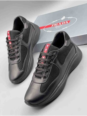 Evlium Prada America's Cup Siyah Deri ve File Erkek Sneaker