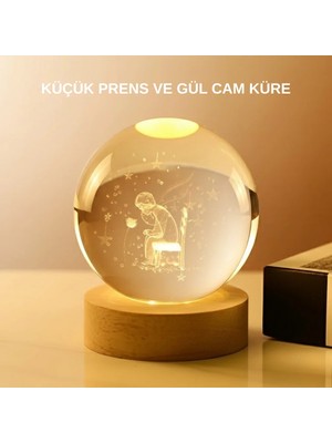 Sepetopia Usb’li Küçük Prens Işıklı Cam Küre Ahşap Altlıklı Dekoratif Lamba