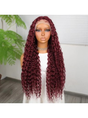 Liyuza Afro Dalga Koyu Kızıl Fiber Sentetik T Tül Peruk